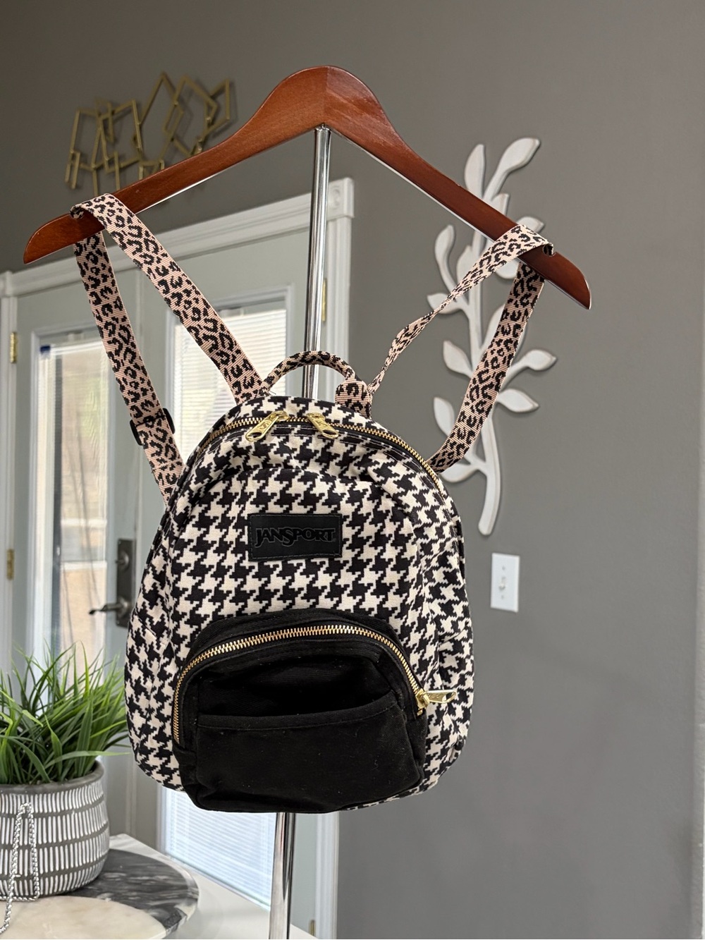 Jansport Black and Cream Houndstooth Mini Backpack